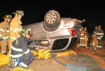 Rockport and Rockland firefighters participated in a joint training to practice extrication techniques Oct. 26 at the Rockland Transfer Station. (Photo courtesy of Rockport Fire Department)
