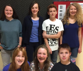 These Lincolnville musicians are auditioning for the District Three Honors Festival. L-R back row, Abi Hammon, trumpet; Lizzie Larsen-Leavins, soprano; John Pessary, bass clarinet; Galleria Scattoloni, soprano; Allie Morse, alto; Izzy Kinney, euphonium and alto; Cole Freeman, trumpet. Willa Rainy was absent. (Photo by Emily Widdoes)
