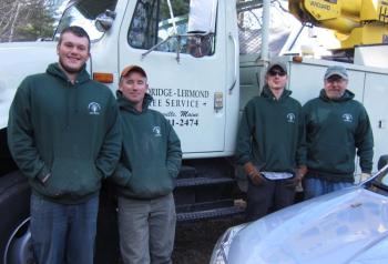 The Goodridge-Lermond Tree Service crew pose for a photo after successfully dismantling our dead oak tree: Alex Bryant, Mike Grant, Josh Adams, Richard Lermond.
Photo by Diane O’Brien tree crew