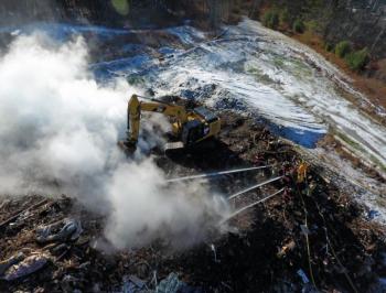 A drone’s eye view of the landfill fire currently still burning at Mid-Coast Solid Waste on Union Street in Rockport. (Courtesy Justin Ford)