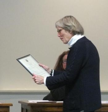 Ann Moris reads the resolve dedicating Feb. 22, as Edna St. Vincent Millay Day in Rockland. (Photo by Chris Wolf)