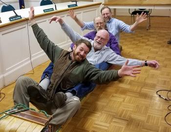 Rockport Select Board members Owen Casas, Bill Chapman, Geoff Parker and Ken McKinley hope to repeat last year’s victorious toboggan competition against the Camden Select Board. They tried out their sled at a regularly scheduled board meeting Jan. 30. (Photo courtesy Rick Bates)