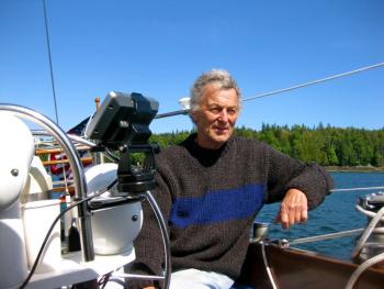Sailing in Penobscot Bay at the helm of the beloved Cape Dory 36 that he owned with his partner of more than two decades, Lucy Hallowell.