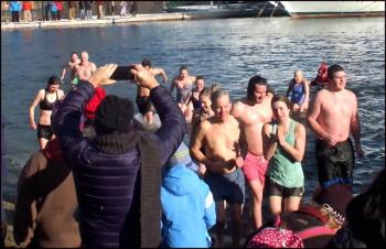 It was a quick dip in the harbor, but the water temp was 40 degrees, almost double the outside air temp.