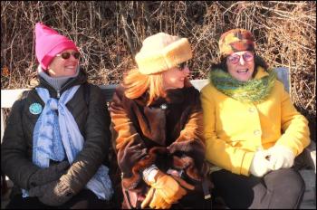 Sydney Hall of Hope, Sallie Harshearger of Lincolnville and Joan Lillie of Islesboro wait for the Coastal Mountains Land Trust Polar Plunge to begin. (Photos by Chris Wolf)