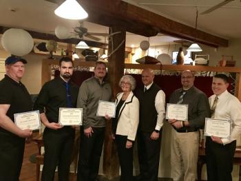 Six officers of the Knox County Sheriff Office were recognized for their heroic and leadership duties at the annual employee recognition banquet Feb. 4. Left to right, Sgt. Elmer Sweetland, Corrections Officer Brandon Mosher, Sgt. Matthew Elwell, Sheriff Donna Dennison, Chief Deputy Tim Carroll, Deputy Paul Spear and Lt. Patrick Polky. Missing from the photo is Corrections Officer Dennis Palmer. (Photo courtesy of Knox County Sheriff’s Office)