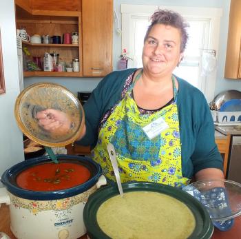 Kathy Ames serves up homemade soups and bread.