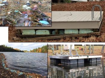Clockwise from top left: Polystyrene debris along the Megunticook River; An eco‐unfriendly dock with deteriorating, unencapsulated polystyrene floats and rotting wood below the waterline; A well‐constructed, eco-friendly dock with encapsulated polystyrene floats and no wood below the water line; and polystyrene debris lining the shore of Megunticook Lake, at the Route 105 boat launch.
.