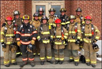 Firefighters in training with the Knox County Fire Training Academy. Front row left to right: Jack Hauprich, Camden; Alex Benner, Friendship; Clint Beverage, Rockport; Nikki Coghill, Camden; Mike Amoroso, Camden; and Alex Winn, Camden. Back row right to left: Charles Weidman, Hope; Calvin Morin, Waldoboro; Taylor Benzie, Camden; Colin Four, Cushing; Steve Hallett, Rockland; and David Benner, St. George. (Photos by Chris Wolf)