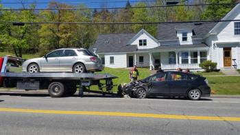 Two vehicles collided at the intersection of Commercial and Warrenton streets on Route 1 in Rockport Saturday, May 20, around 11 a.m. Both vehicles were disabled, but the drivers were not injured. (Photo by Sarah Shepherd)