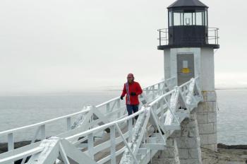 Running coast to coast on the same route as Forrest Gump. Here Rob Pope hits the Marshall Point Lighthouse in Port Clyde on Friday, April 28, 2017
