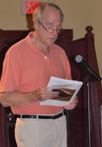 Rockport resident Alex Armentrout questions various budget lines. (Photo by Lynda Clancy)