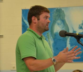 Tyler Smith, of Camden, addresses the SAD 28 School Board. (Photo by Lynda Clancy)