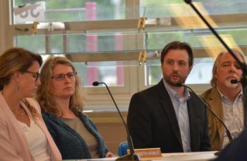 SAD 28 School Board members Elizabeth Noble and Sarah Bradley Prindiville, along with Tyler Barter, Senior Architect, Oak Point Associates and Rob Tillotson, President, Oak Point Associates. (Photo by Lynda Clancy)