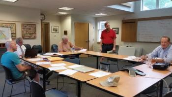 The Rockport Select Board met on July 20 to set their goals for 2017-2018. Pictured from left to right, Tom Gray, Rick Bates, Rockport Town Manager, Mark Kelley, Ken McKinley, Select Board Chair, and Doug Cole. Absent from the photo is Owen Casas who participated in the meeting by a conference call. (Photo by Sarah Shepherd)