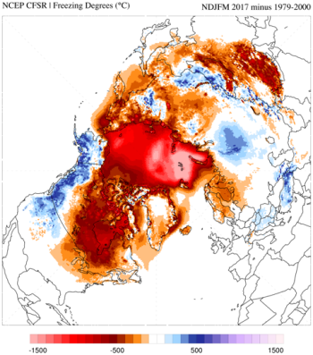 The colors in the image represent where more (blue) or fewer (red) freezing degree days accumulated between Nov. 1, 2016 and March 31, 2017, compared to the average for the period 1979-2000. One freezing degree day equals one day when the mean temperature is 1 degree below freezing. Temperature units are in Celsius. From National Centers for Environmental Prediction Climate Forecast System Reanalysis