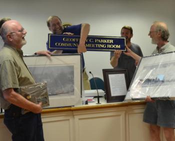 Bill Chapman and Geoff Parker, Select Board members emeriti, accept thanks from the Rockport Select Board Aug. 14 for years of service to the town.