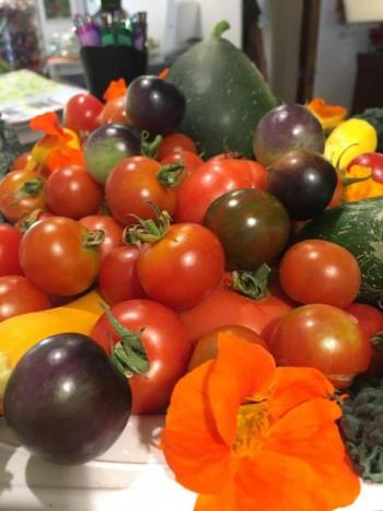 An inviting tray of fresh cherry tomatoes on the counter in the lobby of the Camden Riverhouse hotel. (Photo: Jenna Lookner)