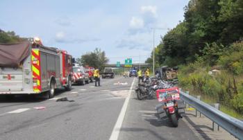 Two motorcyclists were killed Sunday, September 10 in an accident involving four motorcycles and a pickup truck, according to a media release issued by Maine State Police Spokesman Steve McCausland. The motorcycles were among the some 3,000 bikes participating in the annual United Bikers of Maine Toy Run. (Photo Courtesy of Steve McCausland/Maine State Police)