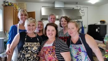The “Unofficial Ladies Auxiliary Club of Rockport” and volunteers hosted an appreciation lunch for Knox County first responders at the Rockport Masonic Lodge Sept. 8. Left to right are Michelle Chamberlain, Marci Annis-Casas, Cathrin Erskine, Rockport Town Manager Rick Bates, Maggie Timmermann, Keirsten Delano and Michelle Hannan, front center. (Photo by Sarah Shepherd)