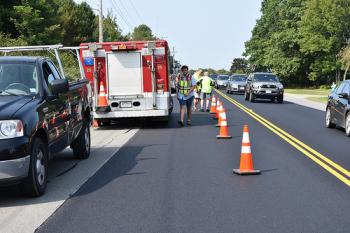 Traffic is backed up on Rockville Street (Route 17) as Rockport Fire and Police responded to a two-vehicle accident around 1:16 p.m. on Saturday, September 16. (Photo by Royan Bartley/Rockport Fire Department)