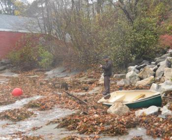 Goodie’s Beach, with a boat washed up on it. (Photo by Lynda Clancy)