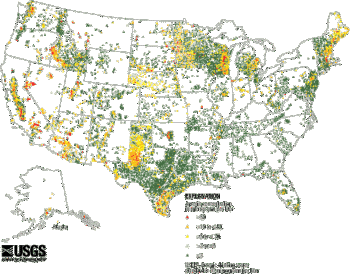 Arsenic in groundwater is largely the result of minerals dissolving from weathered rocks and soils. Several types of cancer have been linked to arsenic in water. In 2001 the US Environmental Protection Agency lowered the maximum level of arsenic permitted in drinking water from 50 micrograms per liter (ug/L) to 10 ug/L.
The U.S. Geological Survey has developed maps that show where and to what extent arsenic occurs in groundwater across the country. The current maps are based on samples from 31,350 wells. Widespread high concentrations were found in the West, the Midwest, parts of Texas, and the Northeast.