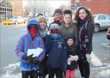 James, Sarah, Soren, Vivienne and Terri Lemieux. Stella and Lola Browning. All are from the Belfast area. Layers and layers and layers are the secret to staying warm.