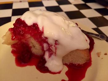 A good dessert for a savory breakfast would be this sweet and sour rhubarb cake wtih raspberry sauce and whipped cream. And a second cup of coffee. SUZI THAYER/Boothbay Register