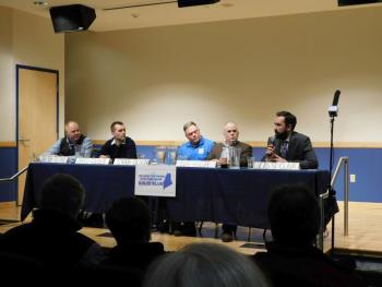 Candidates left to right: Jonathan Fulford, Jared Golden, Craig Olson, Tim Rich, and Lucas St. Clair. (photo by Erica Thoms)