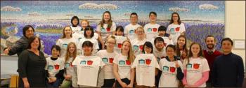 Japanese exchange students with chaoerones include Keito Imai, Yua Koeda, Kanna Matsuta, Satsuki Komai, Aoi Shikanai, Reina Harata, Hina Kikuchi, Yuka Nakajima, Sato Nanako, Taro Kuribayashi and Yoshimasa Arata. Host students include Julia Benson, Alyssa Bland, Nicole Pendleton, EllaRyan, Alyson Shook, Lillia Stone, Kaitlyn Walker-Spencer, Sadie Woodruff, Leah Bloomquiest, Elias Libby and Iselin Bratz.