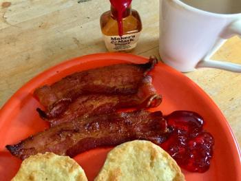 Baked bacon is the way to go. No muss. No fuss. Easy peasy. That’s my new favorite jelly next to the English muffin: Red currant. And don’t worry – the mini bottle of Maker’s Mark was just a prop. Seriously. SUZI THAYER/Boothbay Register