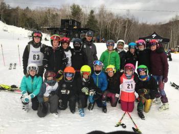 Back row, from left: Alistair Levitt, Brit Lafiura, Oliver Castle, Ryan Southworth, coach Weber Roberts, Lily Stowe, Nya Wolf (from Sugarloaf area ski team), Abigail Williams, Charlotte Taylor and Lizzy Larsen. Front row, from left: Olive Walker, Ian Larsen, Jaxon Lowe, Landon Marquis, Jet Lindelof, Zola Roberts, Ava Tobias and Greer Lafiura.