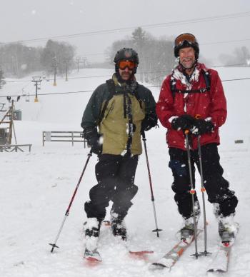 Pete Kalajain and Sam Johnson climbed up Ragged Mountain twice, and while their friend Mike was going to go back for a third round up the hill, Pete and Sam said they’d rather have lunch. (Photo by Lynda Clancy)