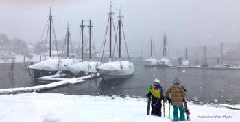 Owen Morong, Colin Wright and Brennan Wright get ready to ski Harbor Park, in Camden, during the March 13 blizzard. (Photo courtesy Katherine White)