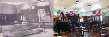A blurry image courtesy Rockland Historical Society of what the interior of the station looked like 100 years ago and a photograph of what Trackside Station Bar & Restaurant looks like today. Note: the absence of the clock and ticket counter. (Photo by Kay Stephens)