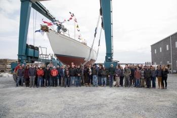 The Lyman-Morse crew that built the ‘Anna,’ from Camden, Thomaston and LM Fabrication. (Photo by Alison Langley, courtesy Lyman-Morse)
