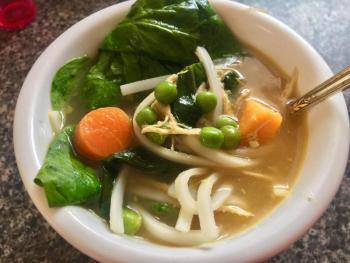 A bowlful of Thai-inspired chicken soup. SUZI THAYER/Boothbay Register