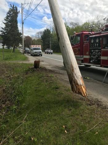 Central Maine Power was called to the scene to restore power interrupted by the crash. (Photo courtesy of Rockport Fire Department)