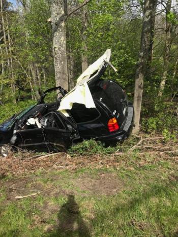 A single-vehicle crash on Commercial Street (Route 1) in Rockport May 21 knocked out power to area residents and businesses after a SUV struck a utility pole causing it to snap in half. (Photo courtesy of Rockport Fire Department)