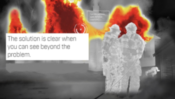 Figure B is the same image as above only it is seen through a thermal imaging camera. Here are two differences of what you can see, and how it can make all the difference. In this image the firefighters can see the origin of the fire and can apply water more effectively. On the bottom right of the picture there is a down victim that might not have been seen without the use of the camera. The difference and practically are clear to see. (Photo courtesy Flir.com)
