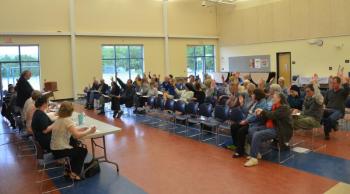 Lincolnville citizens gather to tend to annual town meeting business June 14 in the Walsh Common of the Lincolnville Central School. (Photo by Lynda Clancy)