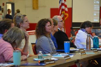 The Camden-Rockport School Board, including Marcia Dietrich, Elizabeth Noble, Carole Gartley and Pete Orne, as well as Business Manager Cathy Murphy, legal counsel William Stockmeyer, of Drummond Woodsum, and Superintendent Maria Libby. (Photo by Lynda Clancy)