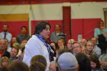 SAD 28 Superintendent Maria Libby delivers a presentation about the funding proposal. June 11, Camden-Rockport Middle School gym. (Photo by Lynda Clancy)