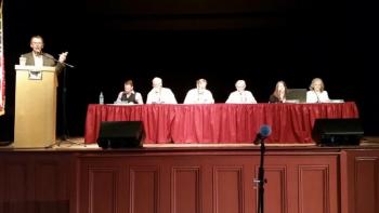 The June 13 Rockport Town meeting was led by moderator, Bob Duke. On the stage are (from left), Select Board members Owen Casas, Mark Kelley, Doug Cole, Town Manager Rick Bates, Finance Director Megan Brackett and Town Clerk Linda Greenlaw. (Photo by Sarah Shepherd)