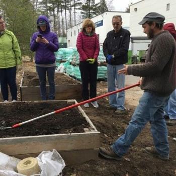 Steve Rodrigue gives a demonstration in conjunction with Portland’s Garbage to Garden. (Photo courtesy of Maine Raised Gardens)