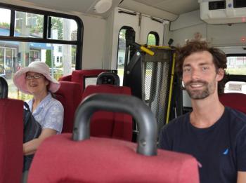 Susan Beebe and Ricky Malo got on the bus in Rockland and rode it up the road to Pen Bay Medical Center. (Photo by Lynda Clancy)