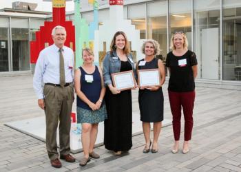 Left to right: MaineCF President and CEO Steve Rowe; Knox County Committee Chair Kristen Lindquist; Becca Gildred, Director of Development, Knox County Homeless Coalition; Tia Anderson, Director, Midcoast Habitat for Humanity; and MaineCF Senior Program Office Maggie Drummond-Bahl. (Photo by Carl Little, Maine Community Foundation)