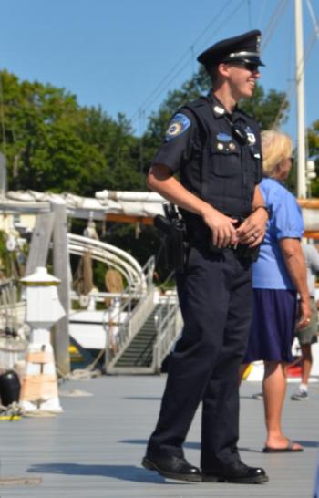 Camden Police keep an eye on the scene. (Photo by Lynda Clancy)