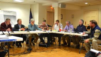 Fayette Town Manager Mark Robinson, Preti Flaherty attorney Dan Walker, Camden Select Board Chairman Bob Falciani, Camden Select Board member Taylor Benzie, Rockport Select Board Chairman Doug Cole, Rockport Town Manager Rick Bates, Camden Select Board member Marc Ratner, Camden Town Manager Audra Caler-Bell, and Rep. Owen Casas, I-Rockport., Oct. 20, Rockport. (Photo by Lynda Clancy)